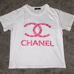 CHANEL White Tee with Pink Logo